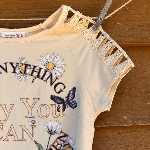Beautees Girls Cream Top With Lace Sleeves & Embroidered Floral Butterfly Design - Picture 6 of 12